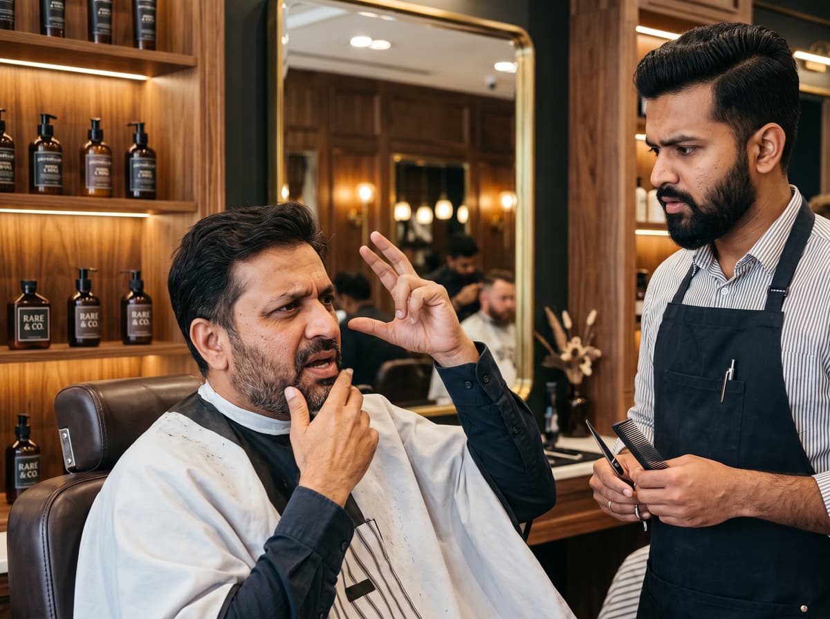 A barbershop customer gesturing with his hands, trying to describe a hairstyle to a puzzled barber.